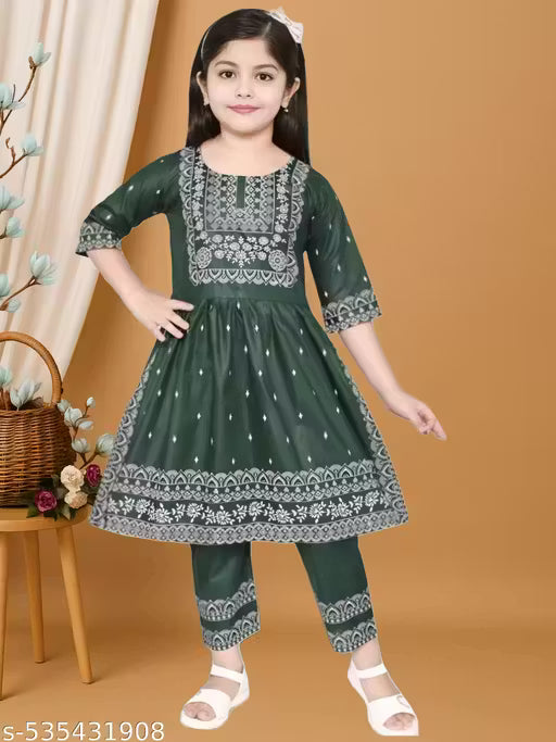 Stylish Green Pure Cotton Kurta with Paijama Set for Girls, Glossy floral Printed Ethnic Wear for Kids & Baby Girls