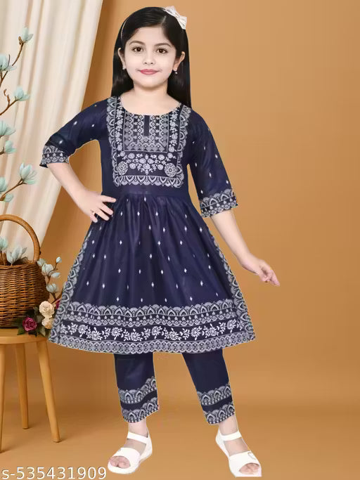 Stylish Green Pure Cotton Kurta with Paijama Set for Girls, Glossy floral Printed Ethnic Wear for Kids & Baby Girls