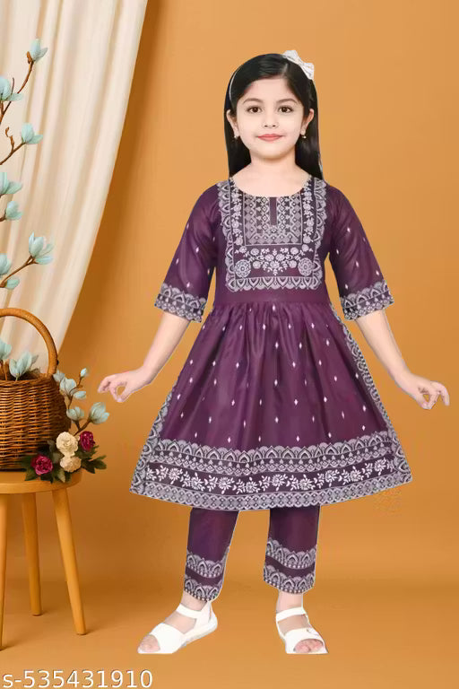 Stylish Green Pure Cotton Kurta with Paijama Set for Girls, Glossy floral Printed Ethnic Wear for Kids & Baby Girls