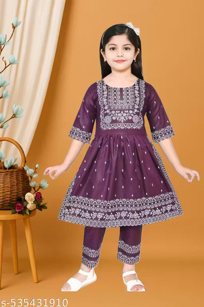Stylish Green Pure Cotton Kurta with Paijama Set for Girls, Glossy floral Printed Ethnic Wear for Kids & Baby Girls