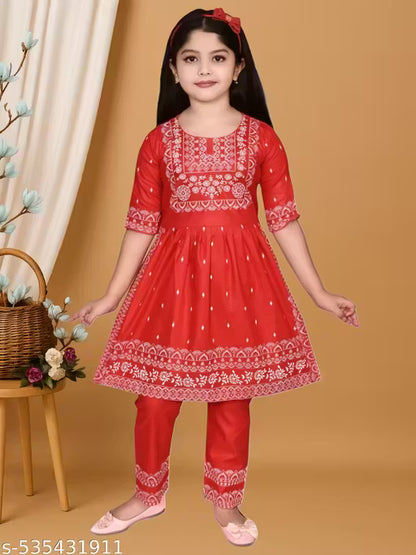 Stylish Green Pure Cotton Kurta with Paijama Set for Girls, Glossy floral Printed Ethnic Wear for Kids & Baby Girls